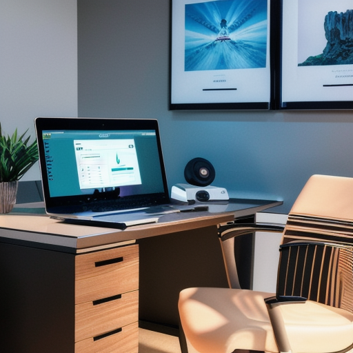 Corporate analytics desk with reporting screens, no people
